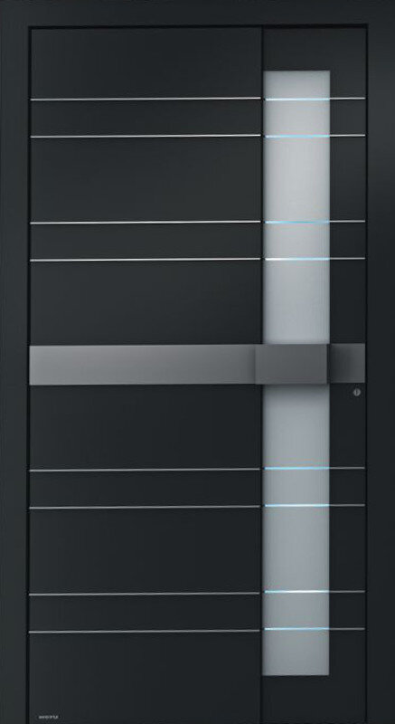 Schwarze Tür mit Glaseinsatz und horizontalen Linien.