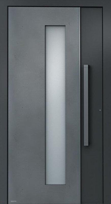Graue Tür mit einem schmalen, vertikalen Fenster.