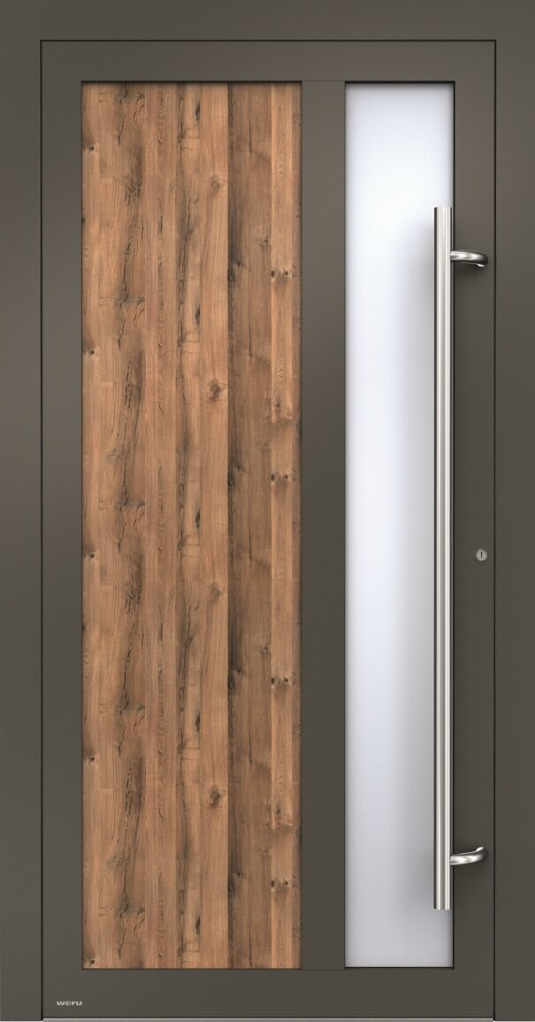 Eine braune Tür mit einem Holzpaneel und einem Glaseinsatz.