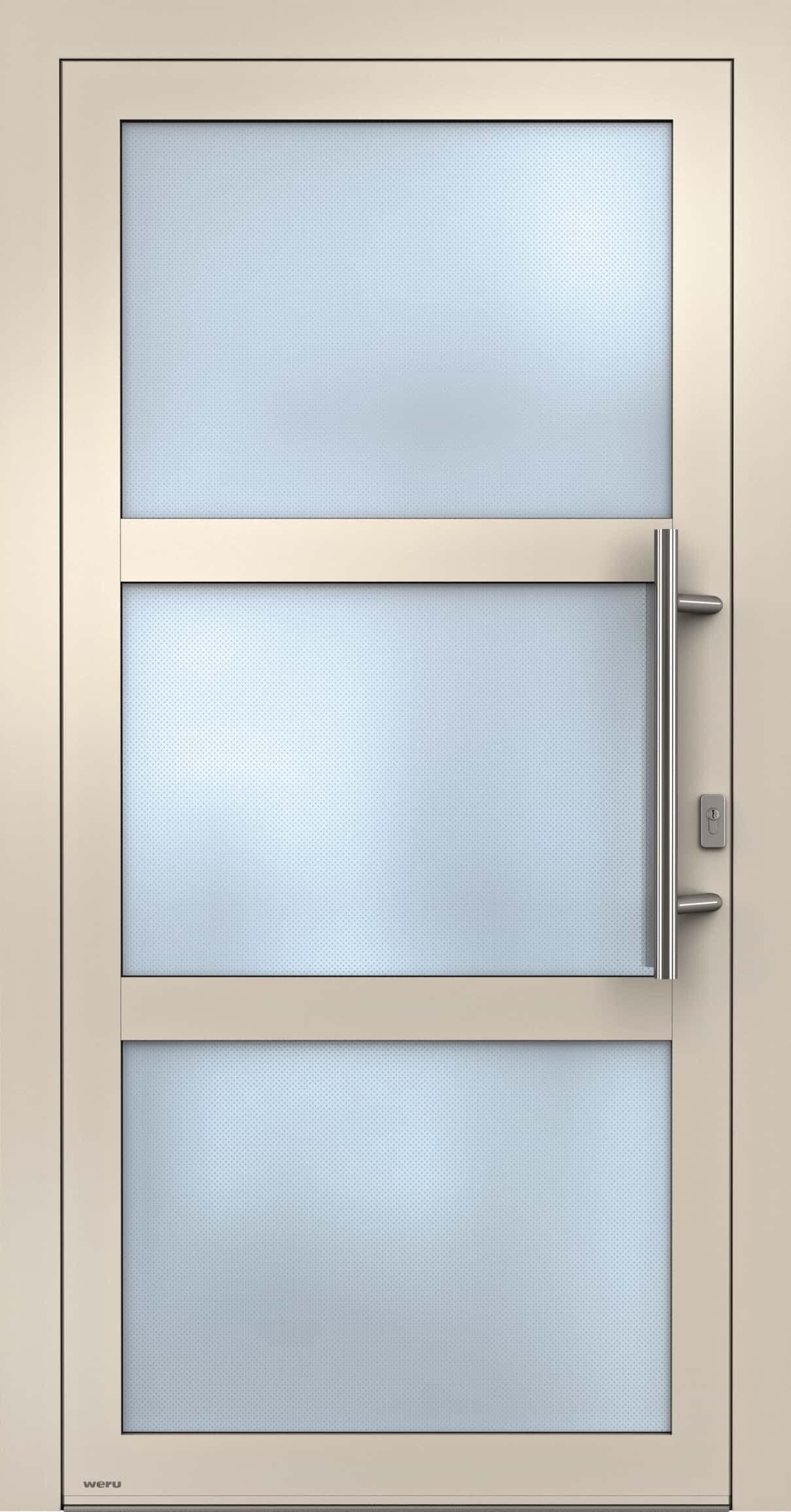 Weiße Tür mit drei getönten Glasscheiben und einem silbernen Türgriff.