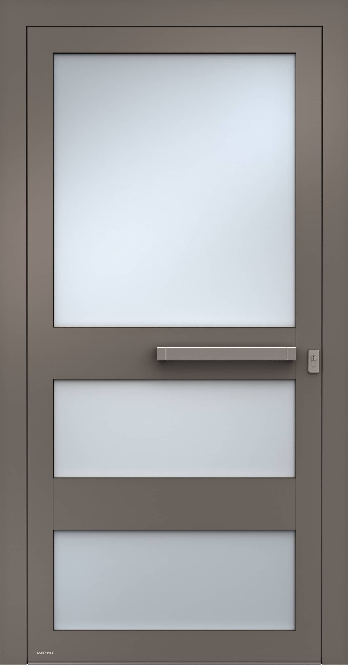 Braune Tür mit drei Glasscheiben und einem silbernen Türgriff. "WIRu" ist unten links zu sehen.