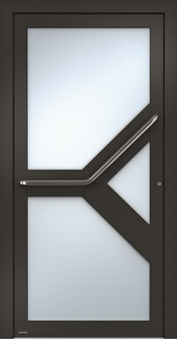 Dunkelbraune Tür mit einem silbernen Griff und einem Glaspaneel. "www.xxyy.com" ist unten links zu sehen.