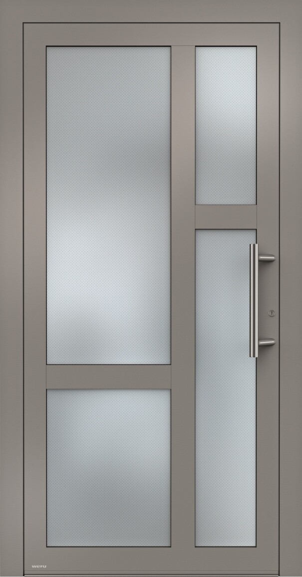 Graue Tür mit drei Glasscheiben und einem Griff.