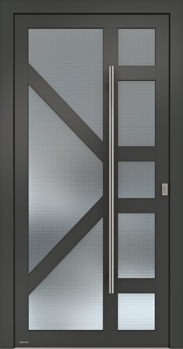 Graue Tür mit Glaspaneelen und silbernem Türgriff.