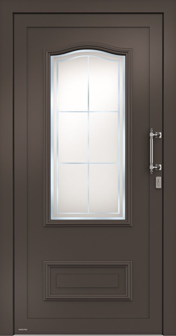 Eine braune Tür mit einem rechteckigen Fenster mit mehreren kleinen Gittern.