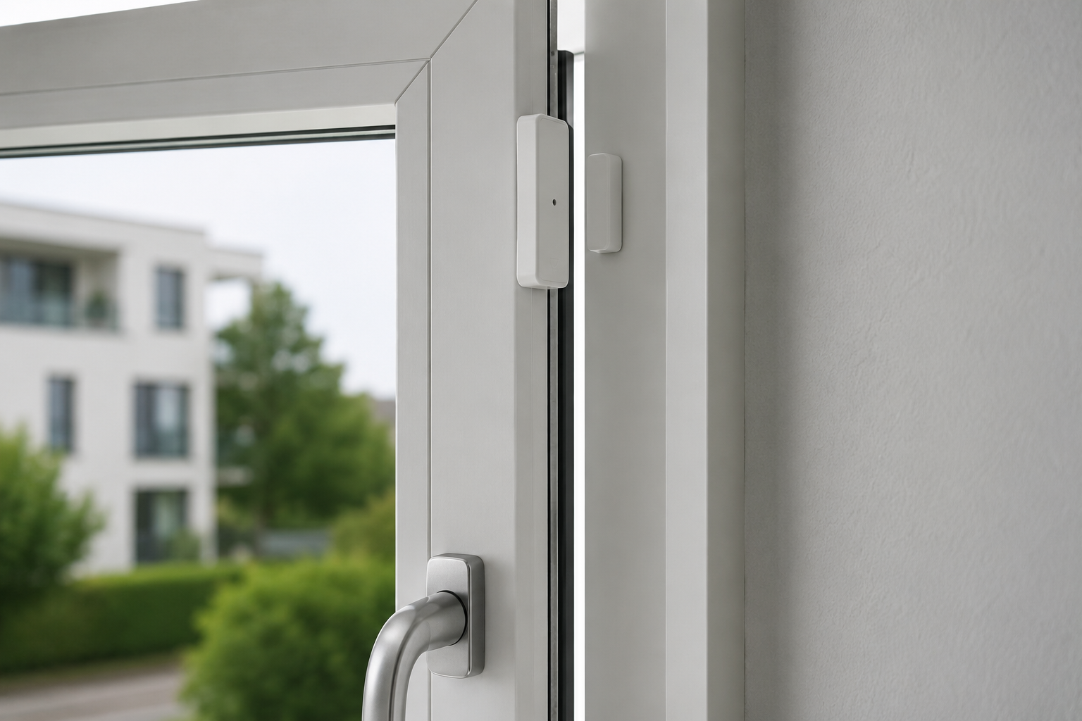 Fenster mit integriertem Alarmkontakt zur Überwachung des Öffnungszustands und zur Verbindung mit Alarmanlage oder Smart Home System