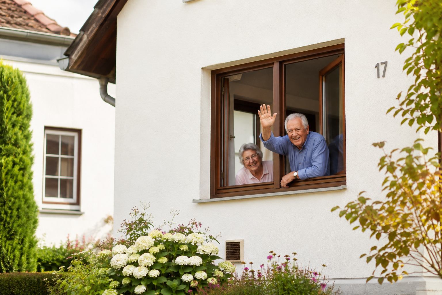 Hochwertiges Holzfenster an einem gepflegten Einfamilienhaus mit warmem Wohngefühl
