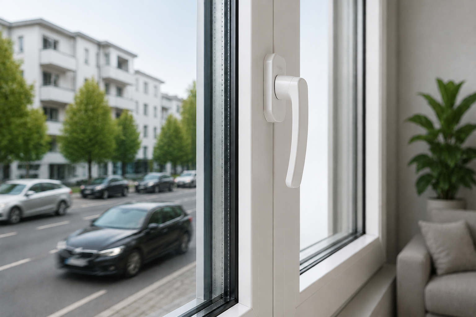 Modernes Fenster mit Schallschutzverglasung für ruhiges Wohnen trotz Straßenlärm, Verkehr oder lauter Umgebung