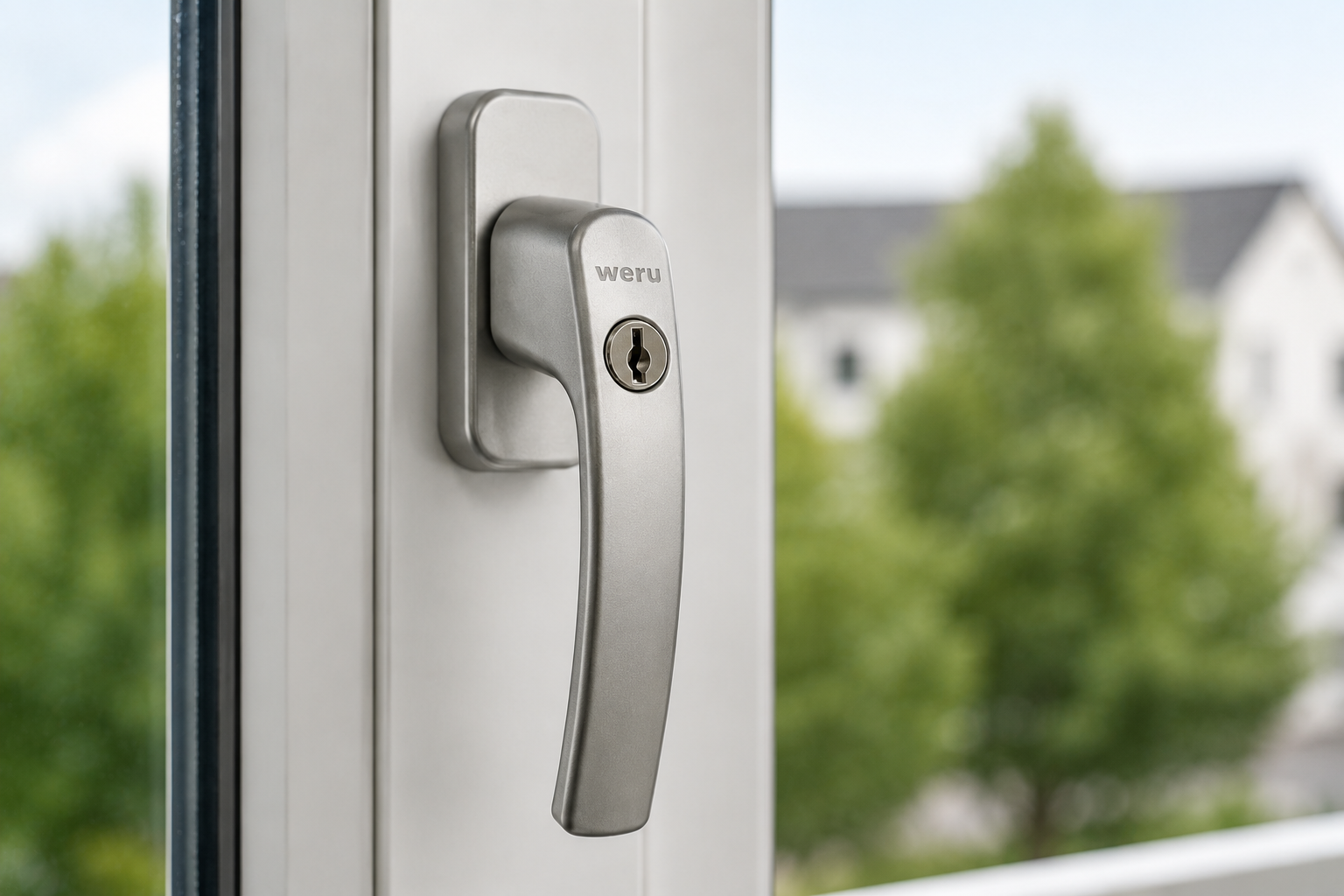 Abschließbarer Fenstergriff an einem modernen Fenster als zusätzlicher Schutz vor unbefugtem Öffnen und für mehr Sicherheit im Zuhause