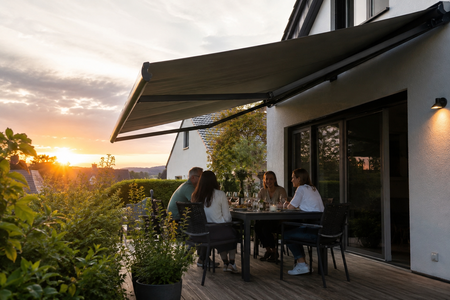 Wohnliche Terrasse mit Markise als geschützter Außenbereich