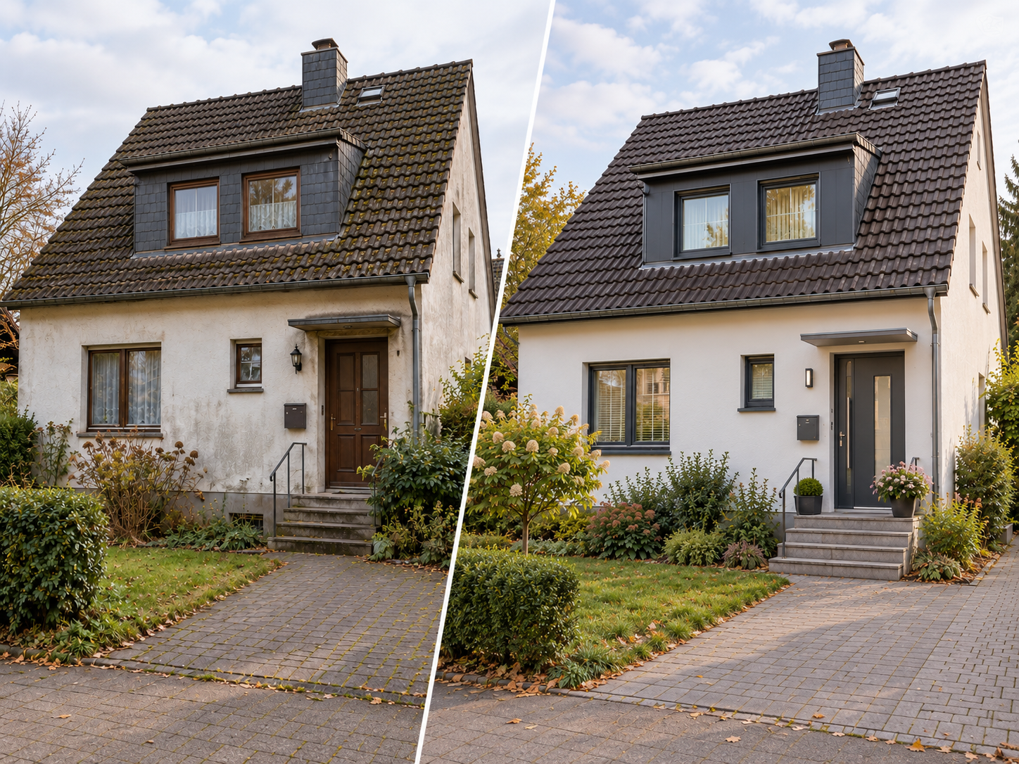 Symbolischer Vorher-Nachher-Vergleich einer Hausmodernisierung